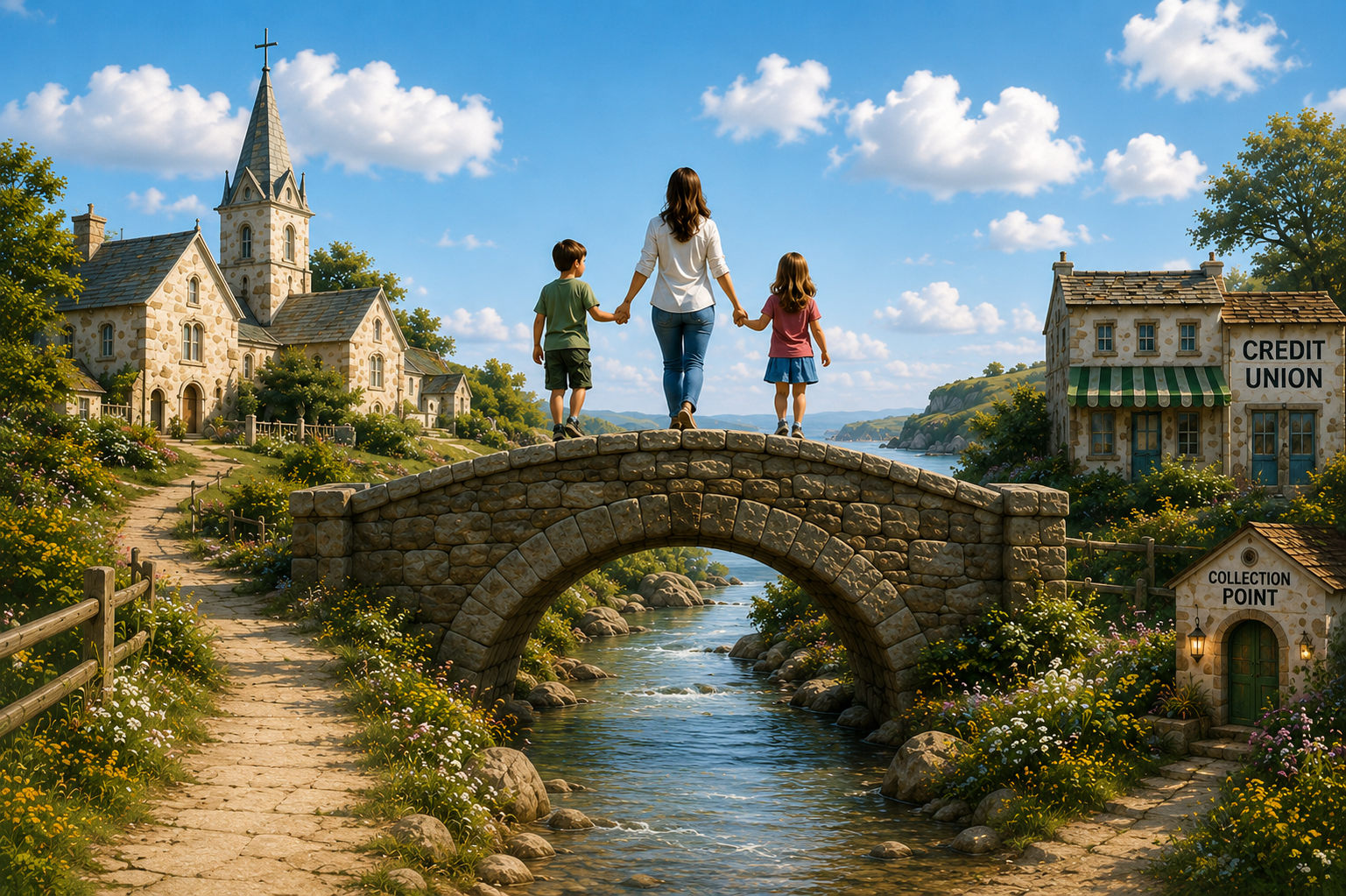 A family crossing a stone bridge into community